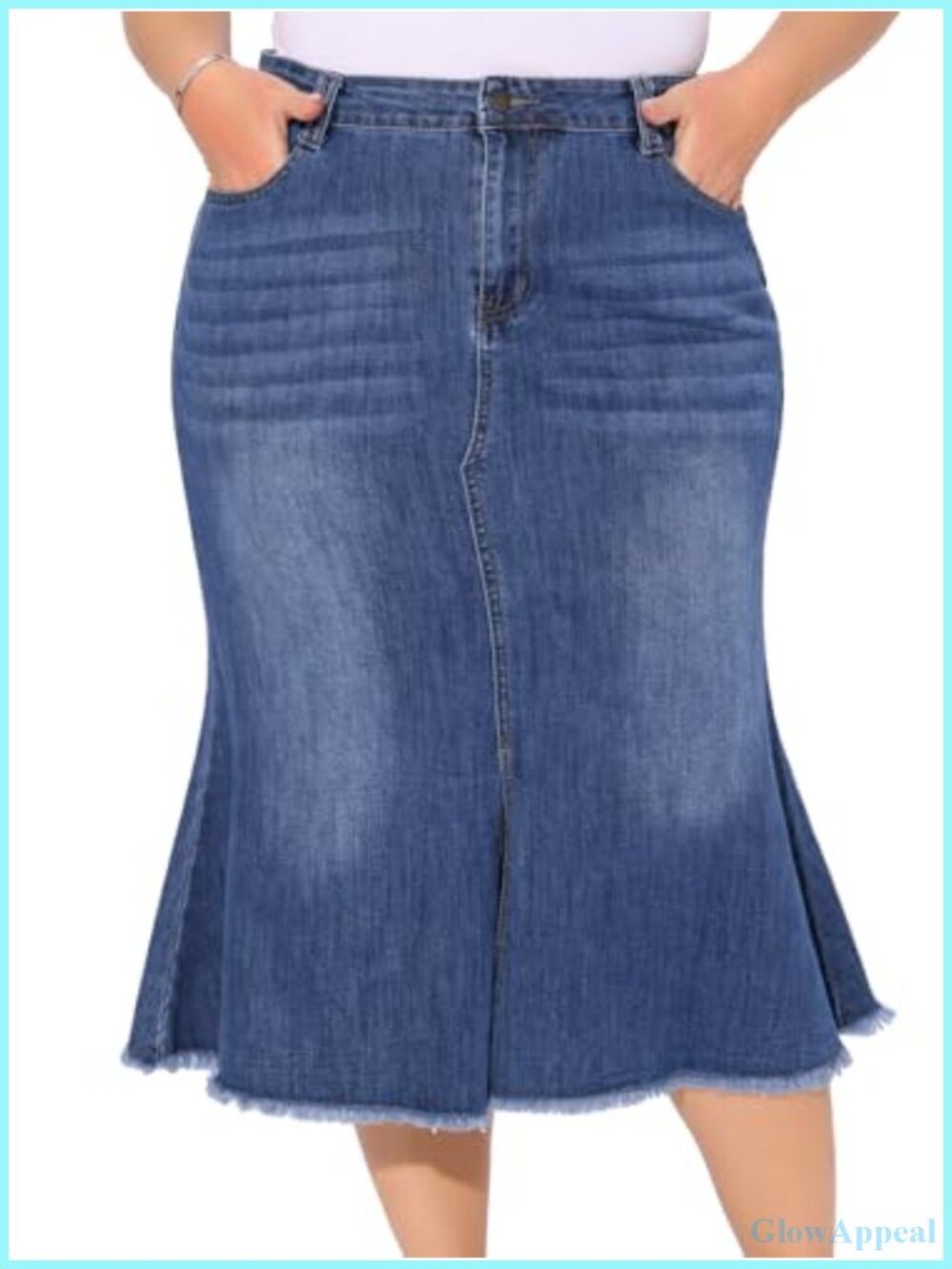 Plus Size Denim Midi Skirt High Waist A Line Fishtail with Pockets